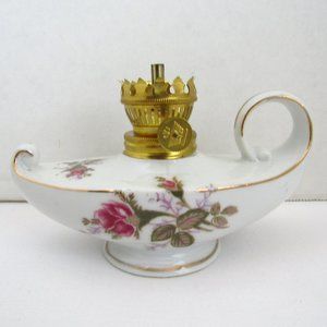 Rare Antique Oil Finger (genie) Lamp Porcelain w/ Gold Trim, Floral Accent Vtg